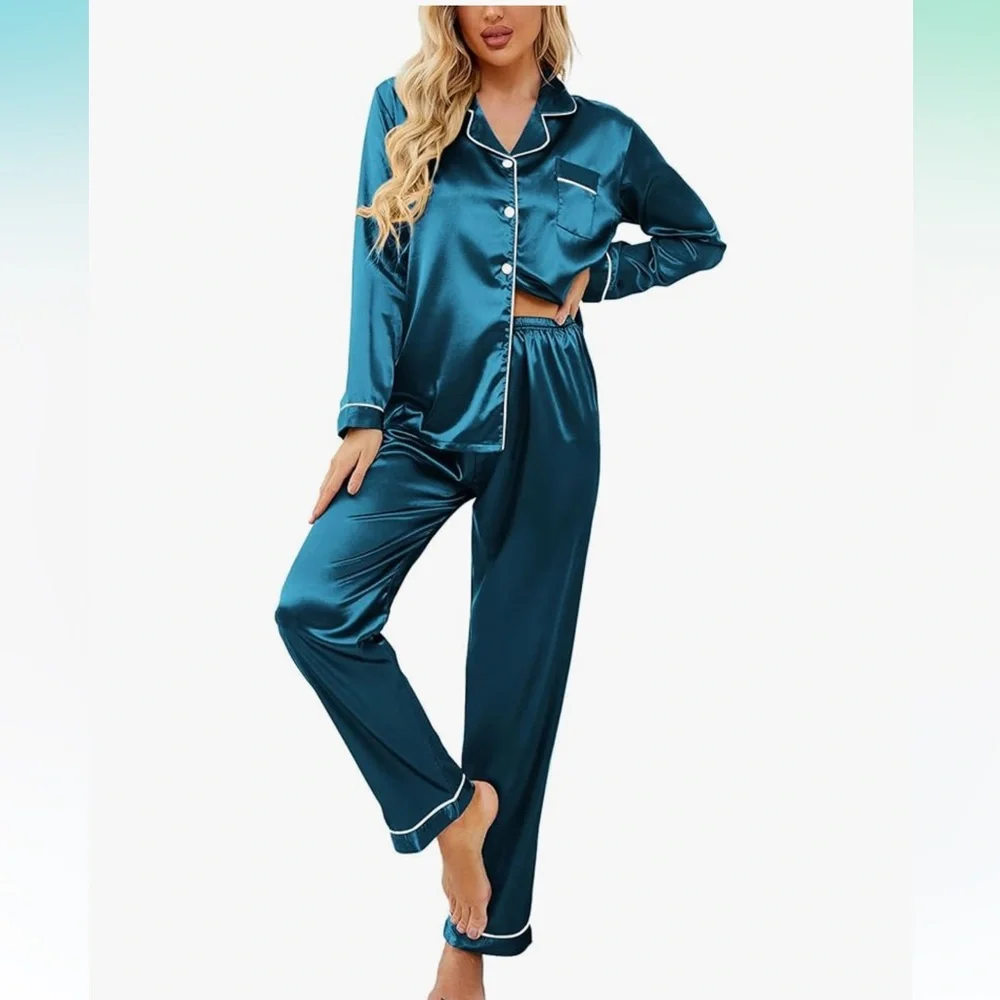 Teal Satin Pajama Set - Picture 1 of 7